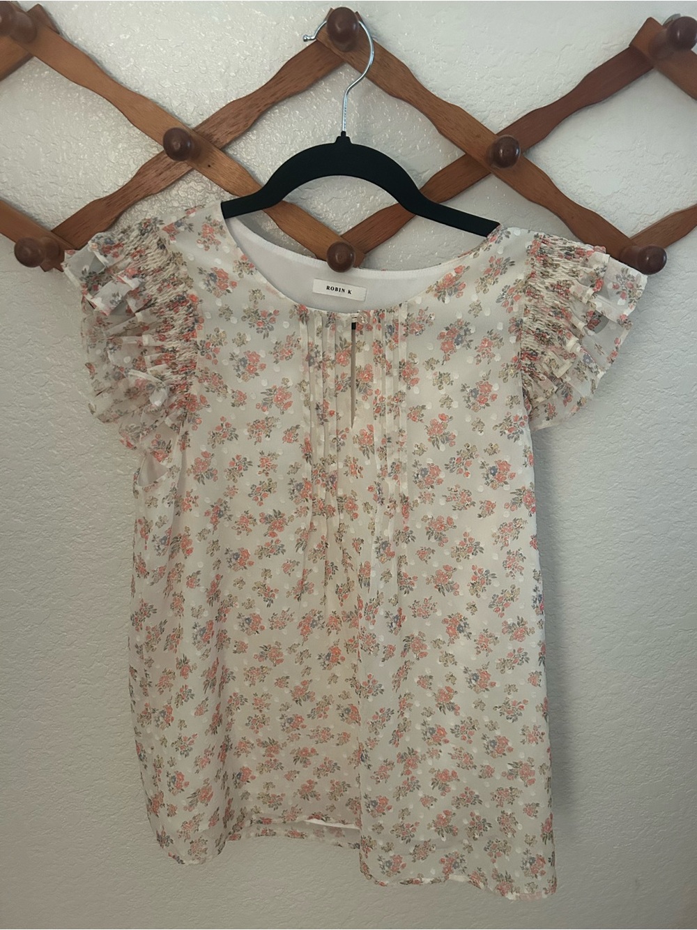 Robin K Cream Blouse with Coral & Green Floral Print